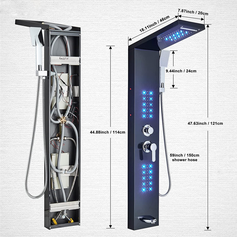 Black Shower Panel Column Tower LED Rainfall Twin Head Massage Body Jets System