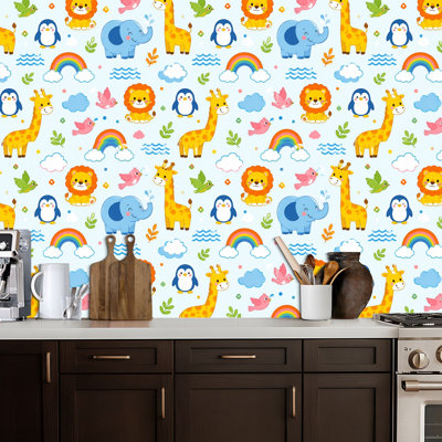 Papier peint adhésif amovible à motif d'animaux de la forêt bleus, imperméable et facile à poser, idéal pour la chambre, le salon ou la cuisine (17,5 po x 118 po).