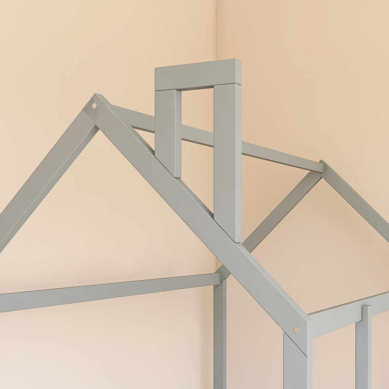 Wood Bed House Bed Frame With Fence, Gray , Twin