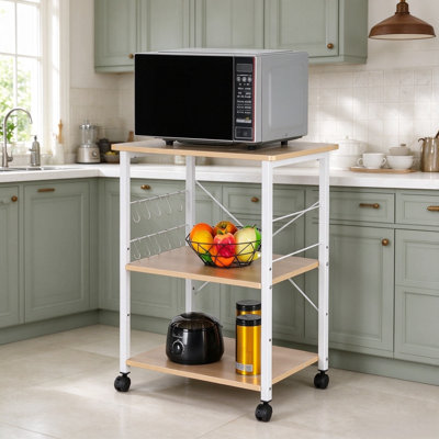 Baker's Rack 3-Tier Kitchen Utility Microwave Oven Stand Storage Cart Workstation Shelf(Light Beige Top White Metal Frame)