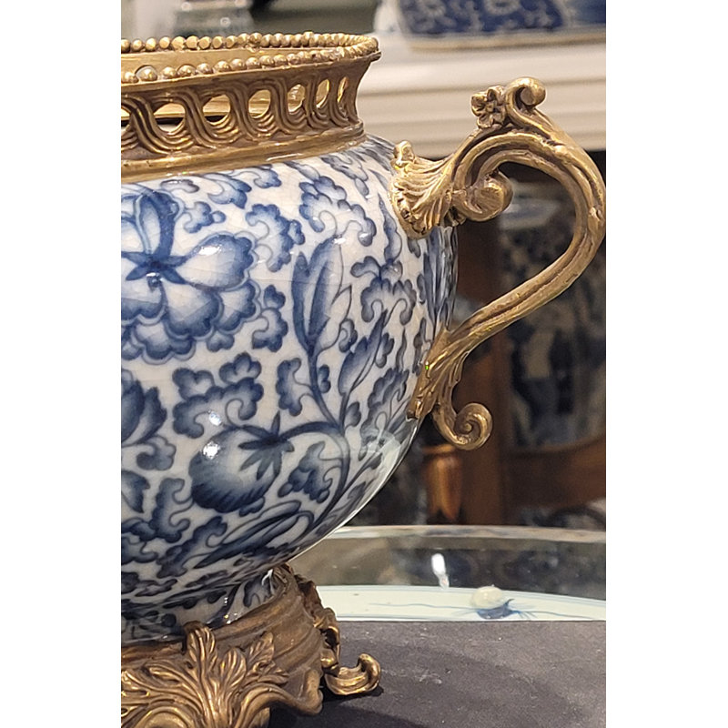 Porcelain Planter With Bronze Ormolu Blue And White Floral