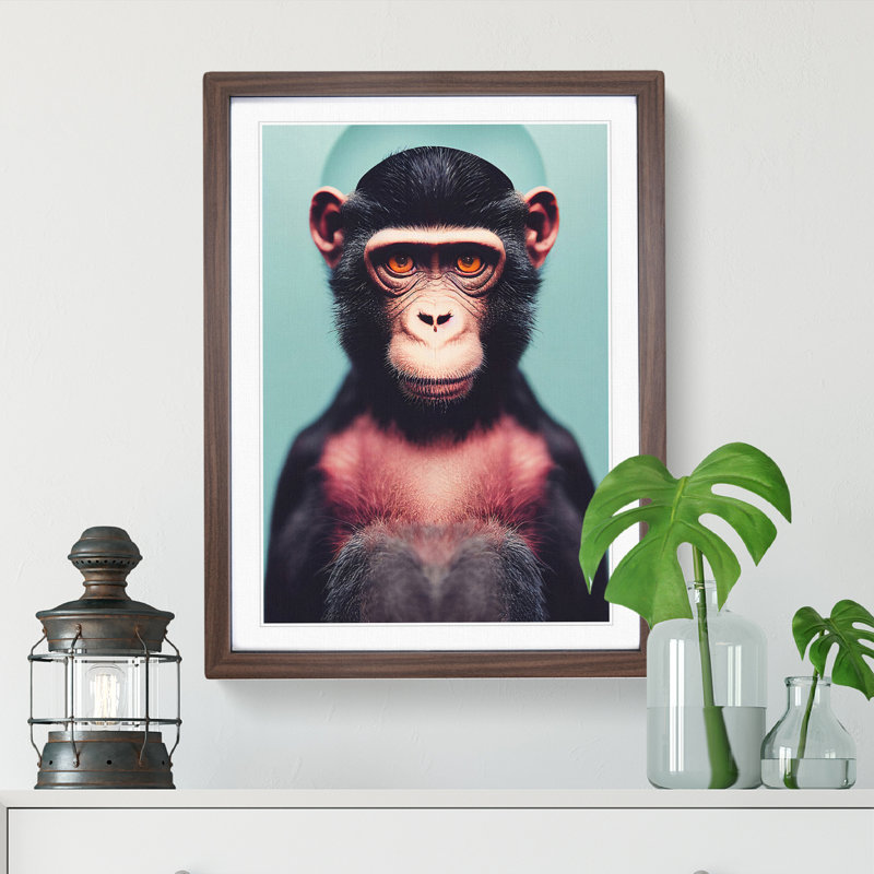 Remarkable Monkey - Wall Art, 48cm H x 36cm W, Walnut Framed, White