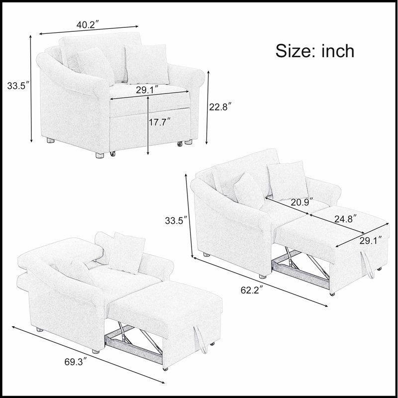 Chenille Convertible Sleeper Chair with Adjustable Backrest, Multi-Functional Lounger for Living Room and Guest Use, Gray