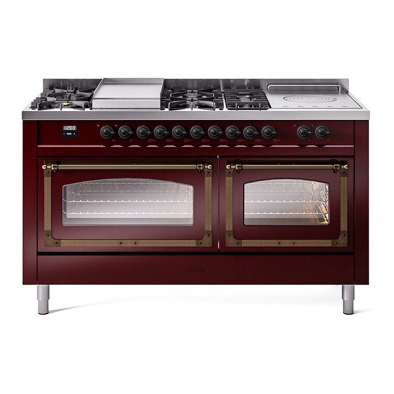 ILVE Nostalgie II Noblesse 60 in Dual Fuel Range 7 Burner, Griddle, Frenchtop, Burgundy/Burnished, Natural Gas
