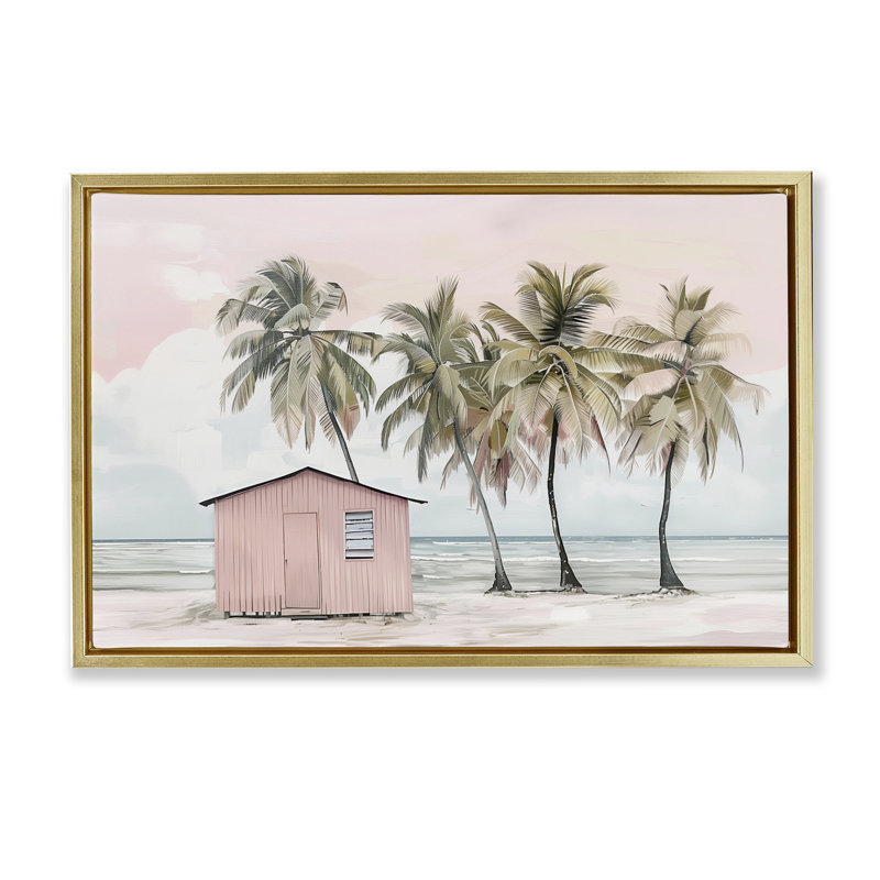  Toile flottante encadrée "Pink Beach Hut & Palms" par Arlington Prints, H 17 po x l 25 po, Cadre flottant métallique doré