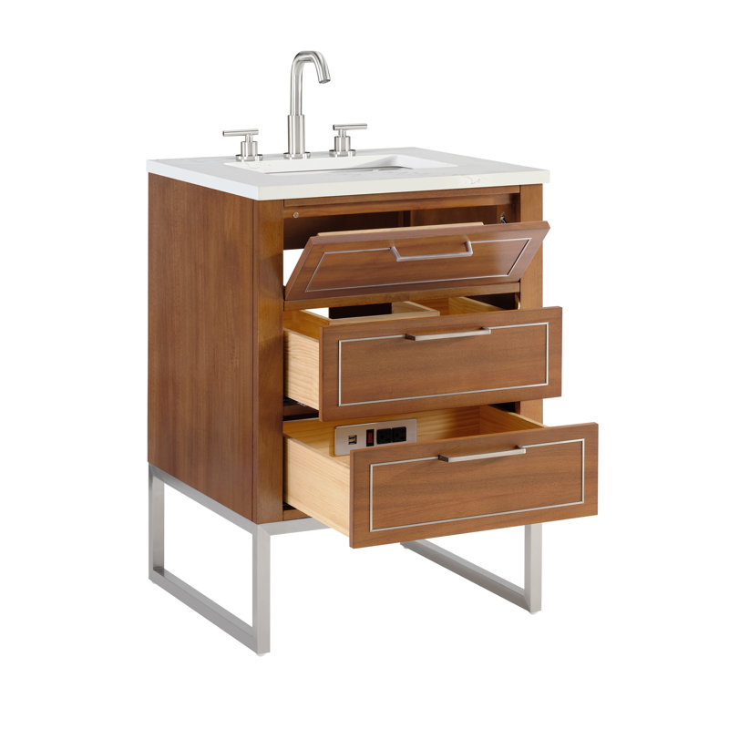 Markham 24'' W Single Vanity, Universal Calacatta Quartz, Brushed Nickel, Walnut
