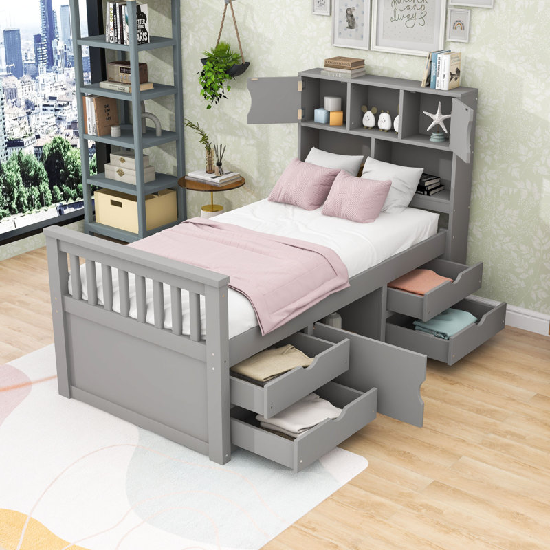 Twin Wooden Platform Bed with 4 Drawers