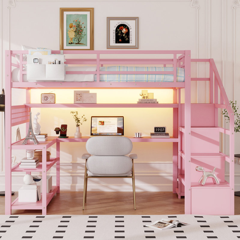 Full Size Metal Loft Bed with Stairs, Wardrobe and L-Shaped Desk, Loft Bed with Storage Shelves, LED Lights & Charging Station, Pink