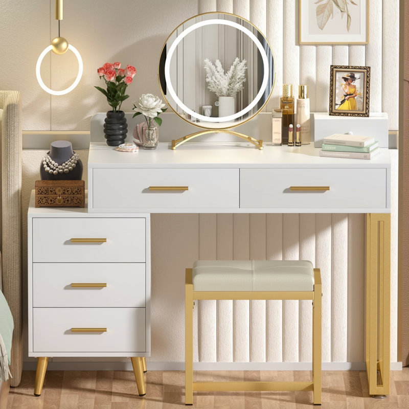 White, Modern Vanity Set With Light And Mirror; 6 Storage Drawers + Dividers + Cushioned Stool; Bedroom Women's Dressing Table.
