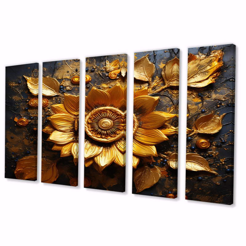 Abstrait Golden Sunflower Glam Blooming I - impression sur toile de tournesol - 5 panneaux égaux