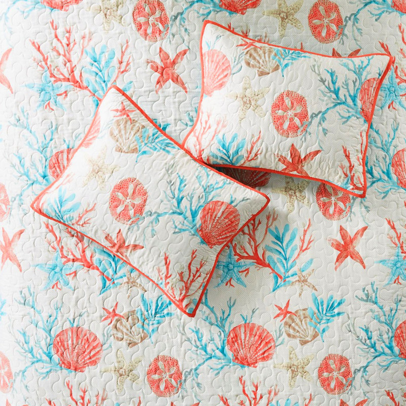 Courtepointe en coton 6 pièces avec coussins décoratifs, taille corail double / grand, coquillages et coraux imprimés, tissu en mélange doux, vermicelle, bord de mer, lavable en machine double / grand, literie brodée Starfish