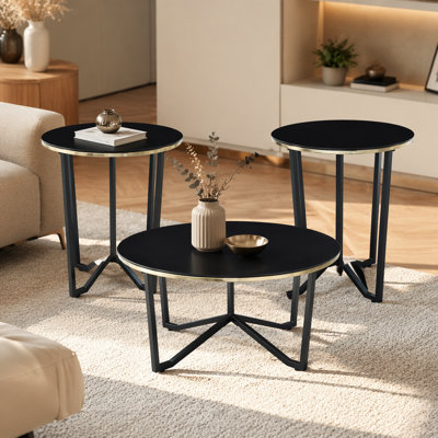 Ensemble de table basse ronde et tables de bout 3 pièces, ensemble de salon moderne avec cadre en verre trempé noir