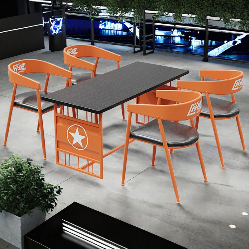 Table et chaises créatives de style industriel, 5, Plateau noir / base orange, Orange / noir