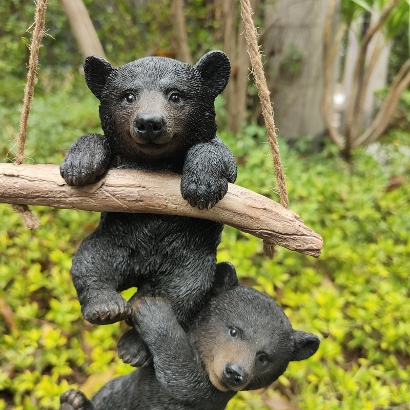  Hanging Bear Cubs Duet: Playful Black Polyresin Figurine Set