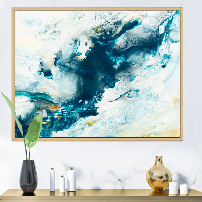 Bleu abstrait créatif liquide - peinture sur toile, H 12 po x l 20 po, Cadre flottant en érable