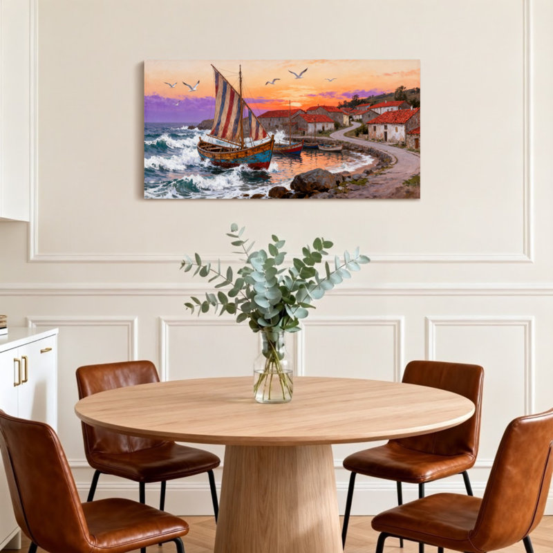Paysage côtier pittoresque et urbain avec voilier et mouettes, H 24 po x l 48 po