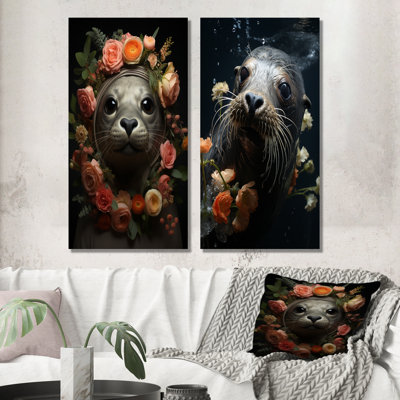 Floral Harbour Seal Blooms I - Coastal Animal Wall Art Living Room Set Of 2