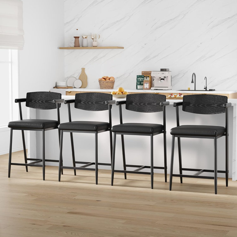 26" Counter Height Bar Stools Set of 2 with Arms, Modern Bar Stools Set with Back & Upholstered Wider Seat, Metal Bar Stools with Footrest for Kitchen Island, Easy Assembly