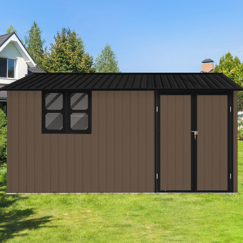 Remise de jardin 12 x 10 pi en métal brun, fenêtre, évents soleil, porte à charnières, cadenas, extrémités Apex poinçonnées