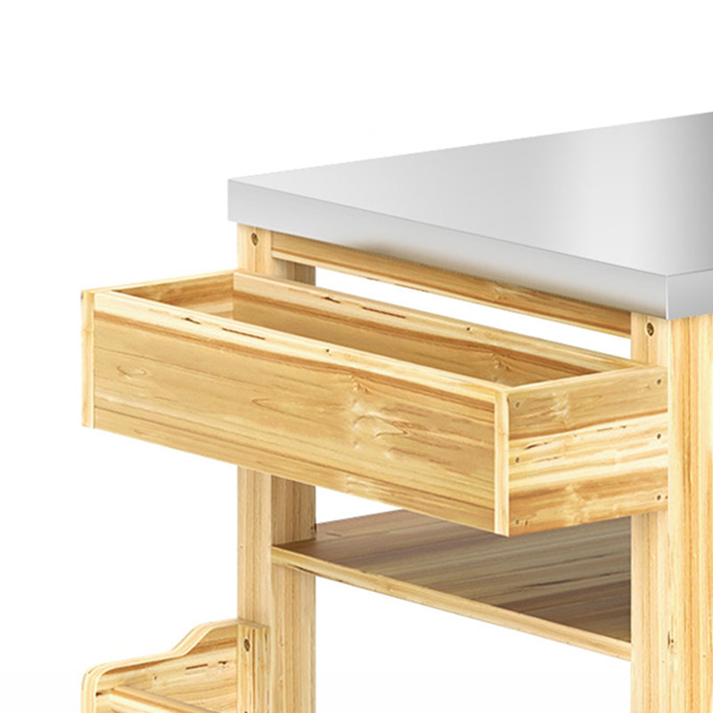 Chariot de cuisine roulant en bois massif avec plateau en acier inoxydable