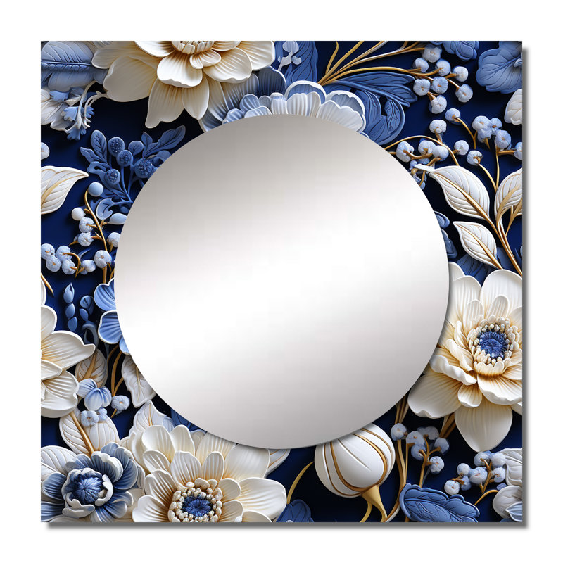 Motif victorien complexe en dentelle cobalt complexe II - Miroir carré floral pour chambre à coucher, 29 po x 29 po