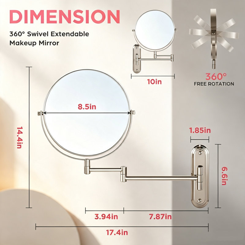 Miroir de maquillage mural 8,5 pouces à double face avec grossissement 1X et 15X