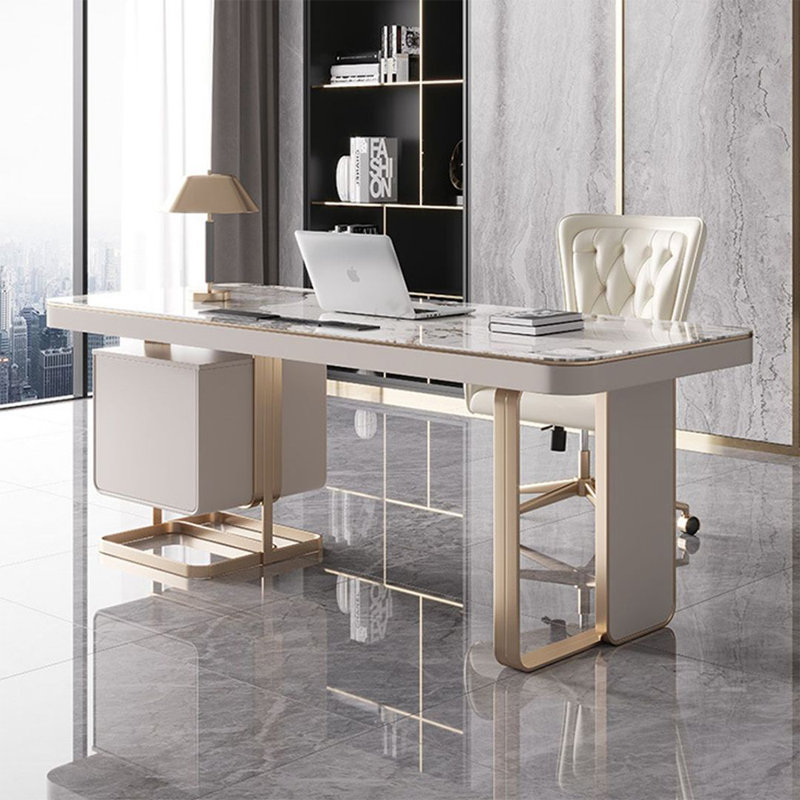 Bureau blanc crème + fritté rectangulaire or + bois manufacturé avec 3 tiroirs, H 29,53 po x l 62,99 po x P 27,56 po