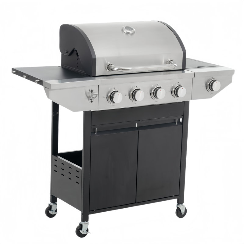 4-Burner Propane Grill  With Side Burner, Lid, Wheels