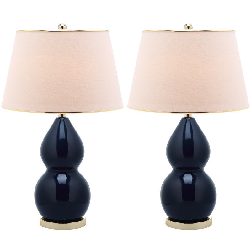 Navy Ceramic Double Gourd Table Lamp Set with Off-White Shades