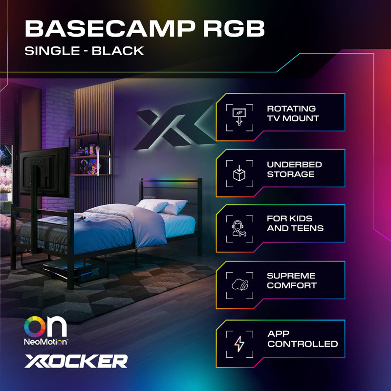 X Rocker Basecamp RGB Single Gaming TV Bed with App Controlled LED Lights - Black