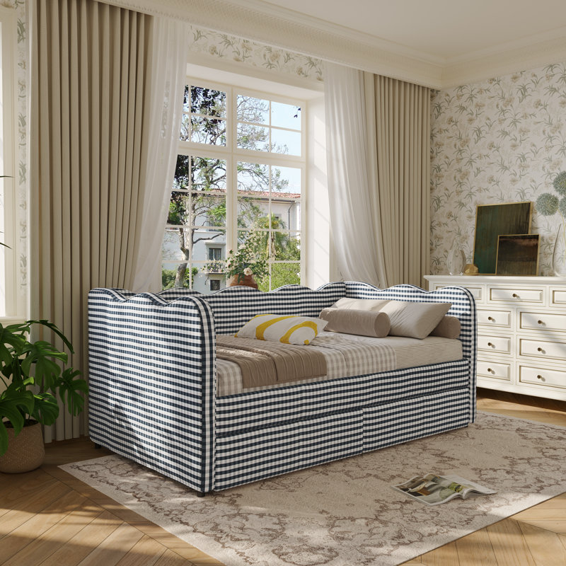 Gingham Daybed With 2 Storage Drawers And Usb Port, Wave-shaped Design, Navy, Twin