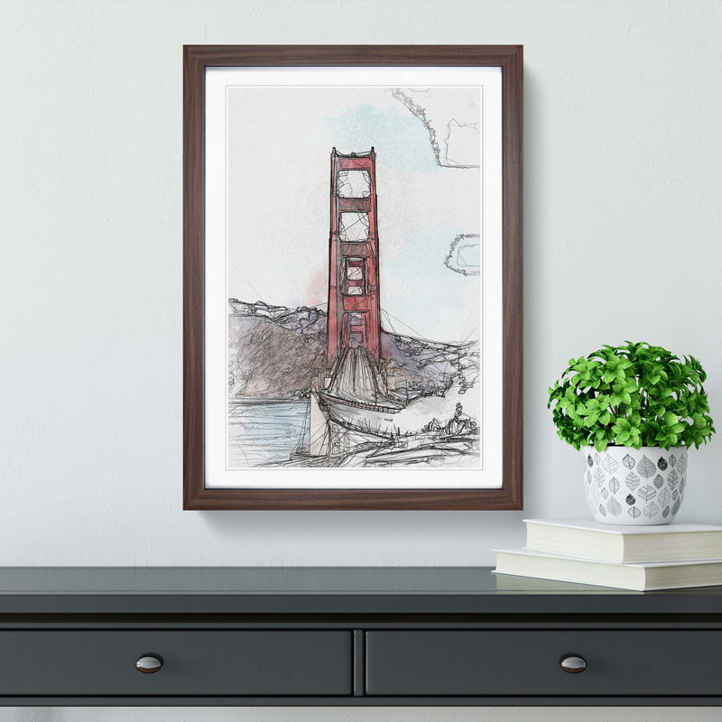 Golden Gate Bridge - Picture Frame Graphic Art Print, 36cm H x 27cm W x 2cm D, Walnut Framed