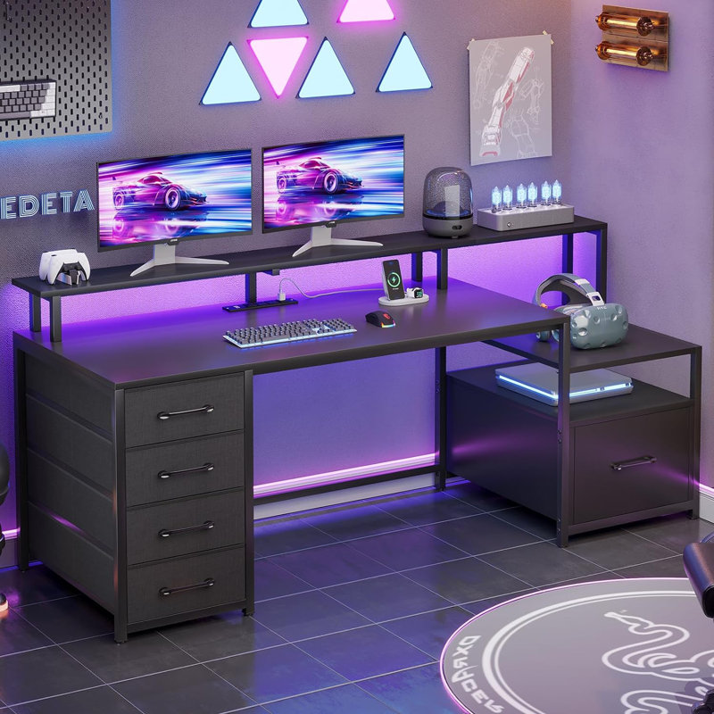 Joceleen Computer Desk with Built-In Electrical Outlet, Black