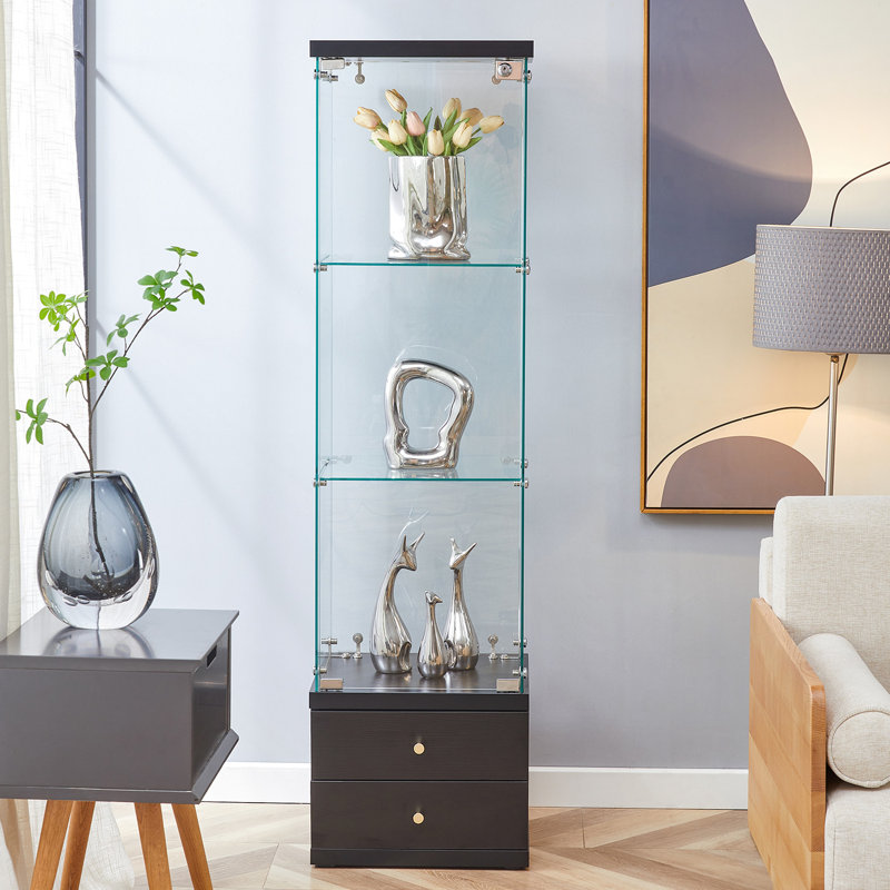 Vitrine en verre trempé avec 2 tiroirs