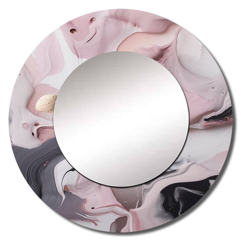 Peinture de marbre Pennye III - décor de miroir mural unique en marbre, grand miroir rond rose, impression d'art en métal