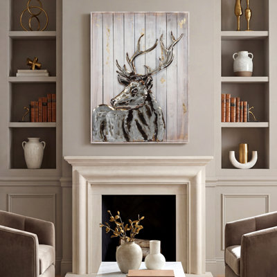 "Deer II" 3D Iron Wall sculpture on solid Wood