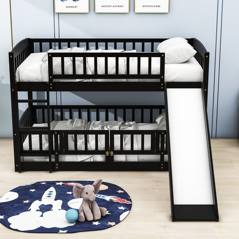 Harveen Wooden Bunk Bed with Slide and Fence by Harriet Bee, Espresso, Twin over Twin