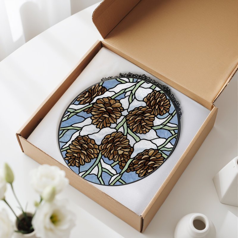 7.8"H Pinecone Snow Stained Glass Window Panel, 7.8" H x 7.8" W