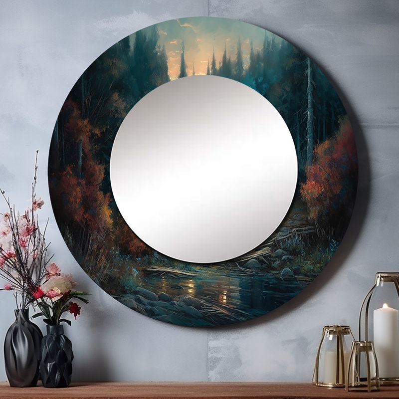 Paneque Cabin In The Woods - Forest Large Wall Mirror, Brown Round Unique Mirror, Printed Metal Art, 23" x 23"