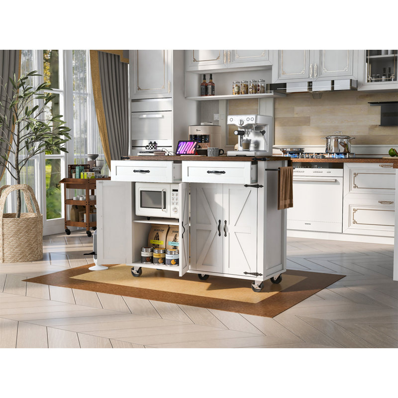 53.5''Farmhouse Kitchen Island With Power Outlet, White