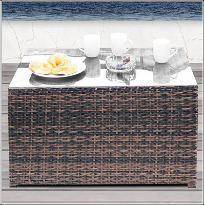 Fully Assembled Rectangular Glass Top Coffee Table with Wicker and Rattan Base, Perfect for Modern and Natural Decor.