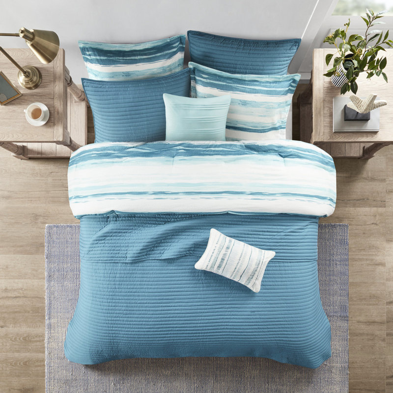 Édredon et courtepointe à imprimé seersucker - bleu tempête, bleu sarcelle 100% 1 courtepointe, 2 taies décoratives, coussin décoratif 8 rayures aquarelles