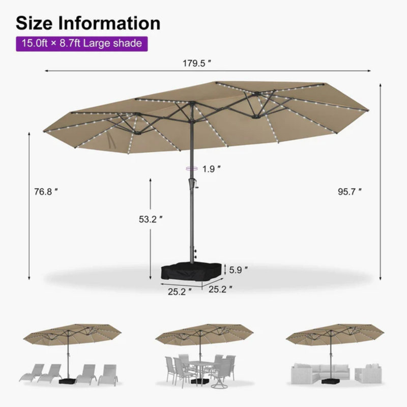 Parasol de terrasse 14 pieds à double face beige avec base et lumières solaires Parasol de marché extérieur avec manivelle Parasol rectangulaire pour terrasse de jardin