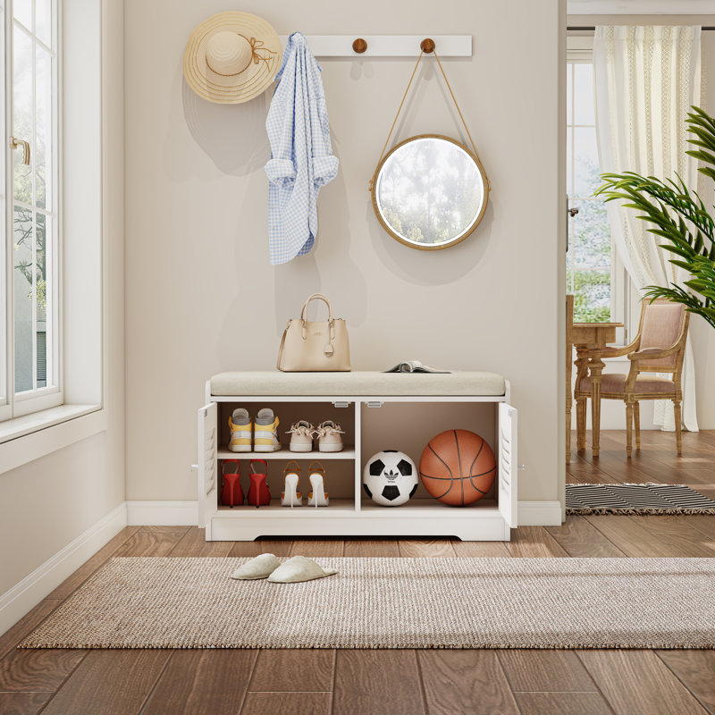 28.74"Shoe Storage Bench with 2 Door Cabinet, Entryway Bench with  White Shoe Storage, Shoe Bench with Cushion
