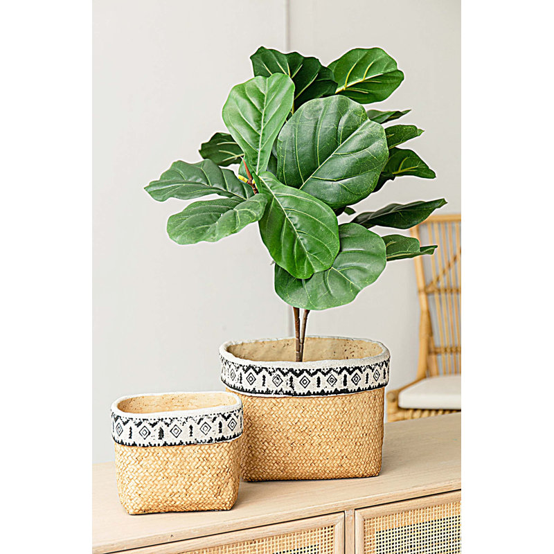Set of 2 Rectangular Basket Planters with Geometric Trim, L:10.5x8.5x8" S:7.5x5.5x6.5"