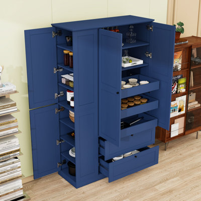 Modern Tall Freestanding Kitchen Pantry Cabinet with Drawers, Adjustable Shelves and Pull-Out Trays