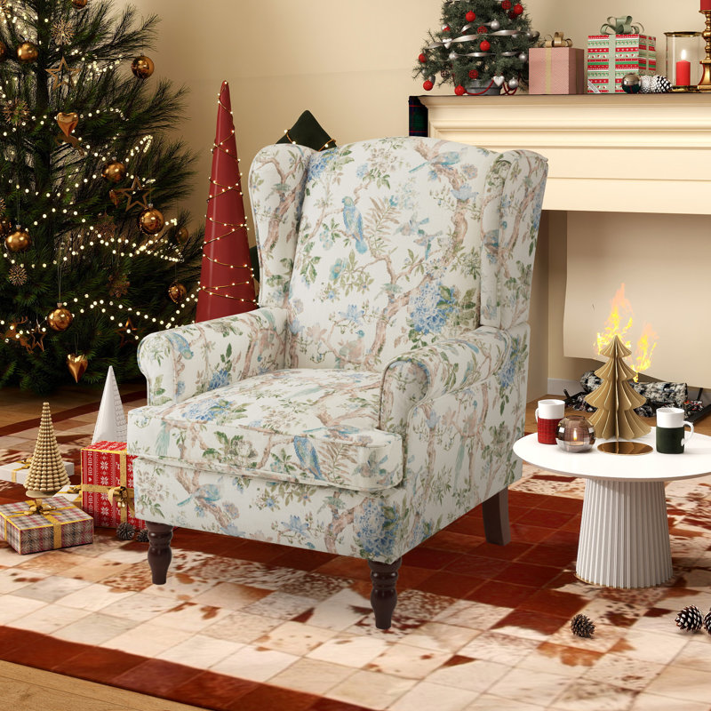 Fauteuil rembourré en lin avec pieds en bois massif, Brun / fleurs vertes