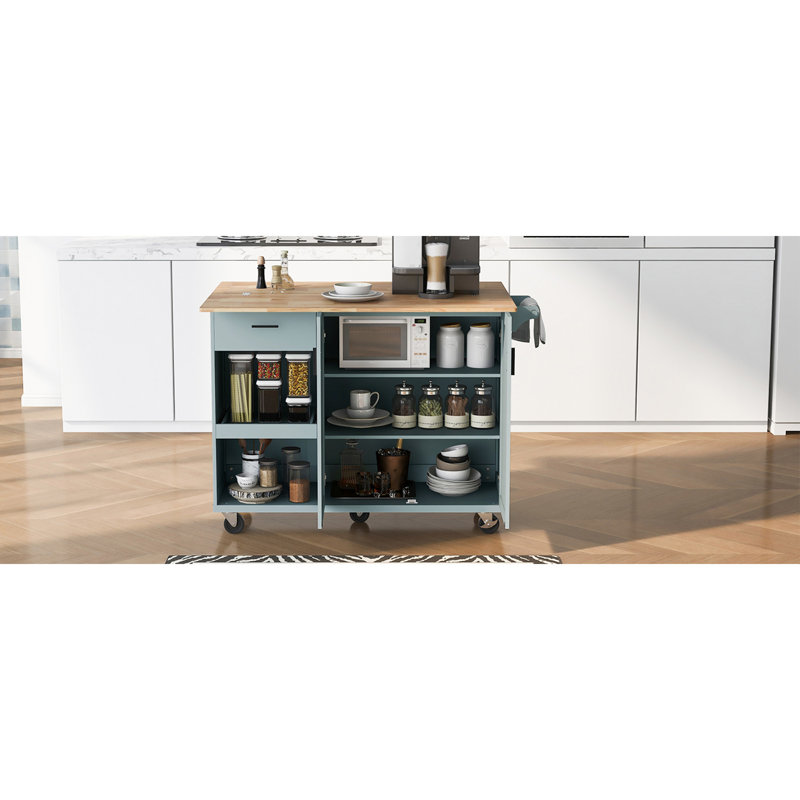 Kitchen Island with Foldable Counter Top, Kitchen Storage Cart with Slide-Out Shelf, Towel Rack and Drawer, Rolling Kitchen Cart on Wheels, for Kitchen, Living Room, Dining Room