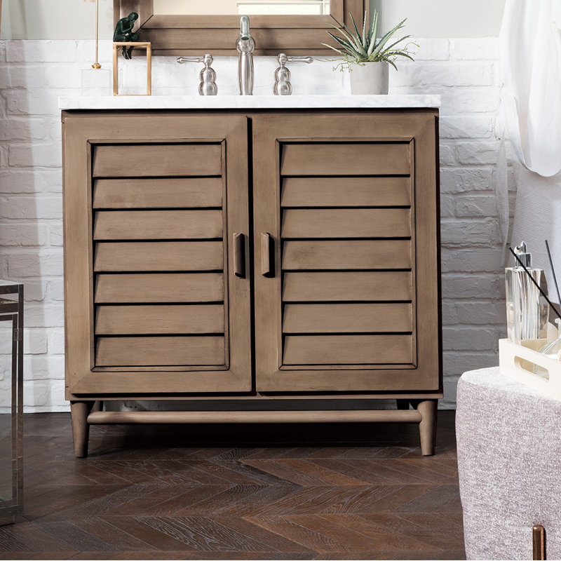 Portland 36'' W Single Vanity, Whitewashed Walnut, White Zeus, 8" Widespread