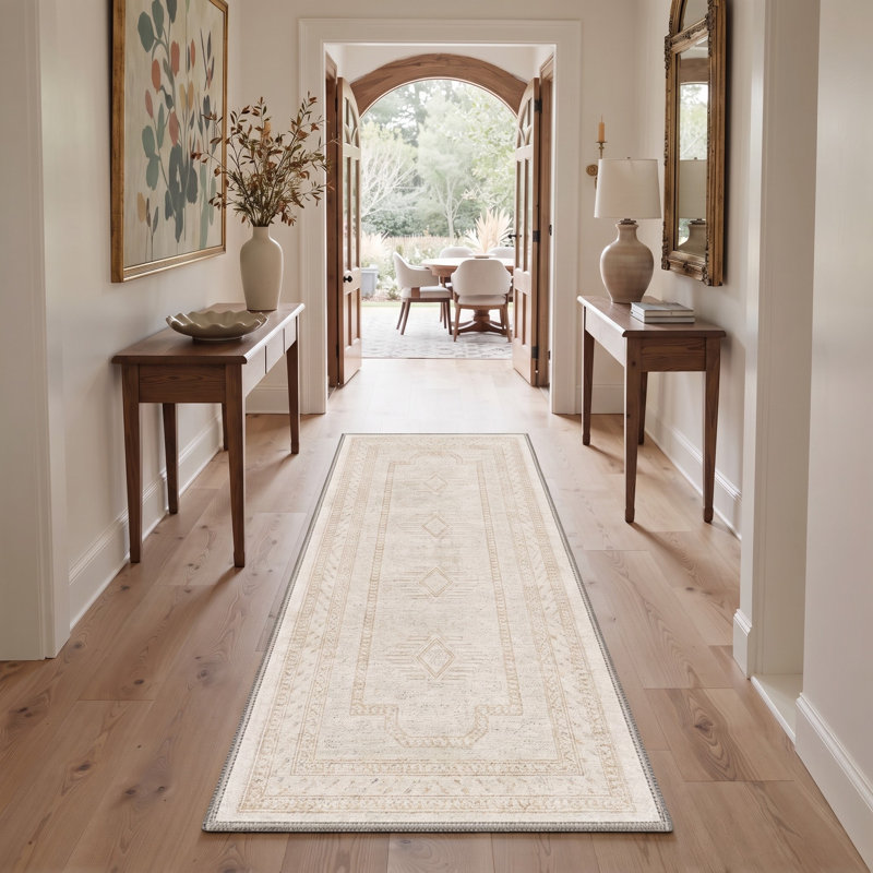 Tapis de couloir oriental traditionnel ivoire/beige, performant, à poils courts, lavable et antidérapant